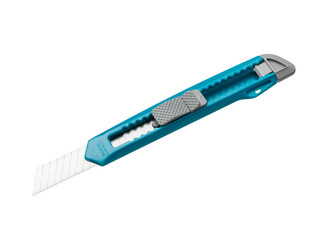 A blue office knife in close-up. Isolated on a white background. Copy space.