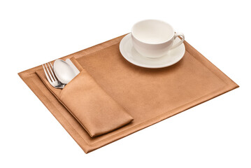 A white empty cup for coffee or tea on a brown napkin and a spoon, knife and fork in a couvert. Serving. Isolate on a white background. Top and side view. 