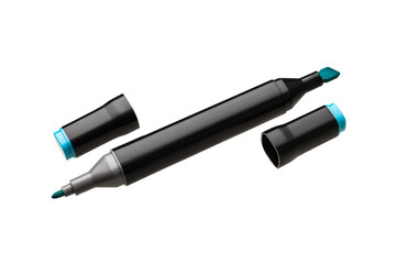 Blue and black double-sided marker for sketching on a white background with open caps. Perfect retouching. Close-up.