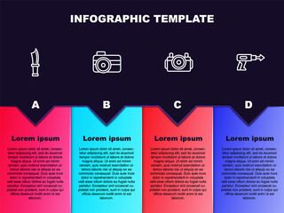 Set line Diving knife, Photo camera for diver, and Fishing harpoon. Business infographic template. Vector