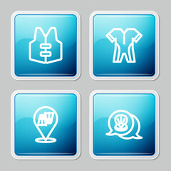 Set line Life jacket, Wetsuit for scuba diving, Flippers swimming and Scallop sea shell icon. Vector