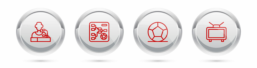 Set line Football player press conference, Championship tournament bracket, Soccer football and match TV. Silver circle button. Vector