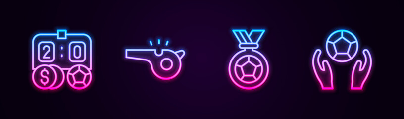 Set line Football betting money, Whistle, or soccer medal and Soccer football. Glowing neon icon. Vector