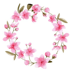 Fototapeta na wymiar watercolor drawing. a wreath of sakura flowers. round frame of pink flowers and sakura branch, cherry blossoms.