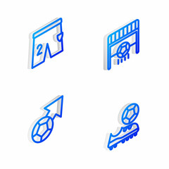Set Isometric line Football goal with ball, Shorts for playing football, Soccer and shoes icon. Vector