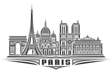 Vector illustration of Paris, monochrome horizontal poster with linear design famous paris city scape, urban line art concept with unique decorative letters for black word paris on white background.