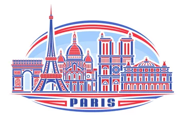 Deurstickers Vector illustration of Paris, horizontal poster with linear design famous paris city scape on day sky background, historic urban line art concept with decorative lettering for blue word paris on white © mihmihmal