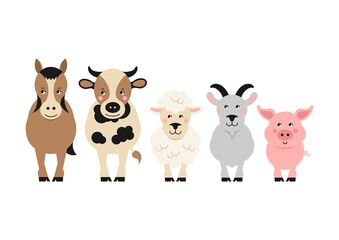 Cute farm animals. Cartoon pig, cow, horse, sheep, goat. Vector illustration