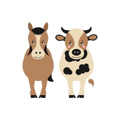Cartoon cow and horse. Cute farm animals. Vector illustration