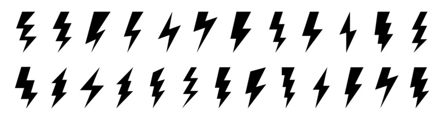 Lightning flat icons set. Outline and silhouette flash symbols. Lightning, high voltage or charge signs. Vector elements.