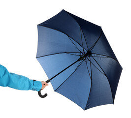 Woman with open blue umbrella on white background, closeup