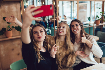 Expressive young women taking selfie and actively gesticulating
