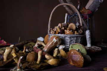 Forest mushrooms lie on a wooden table