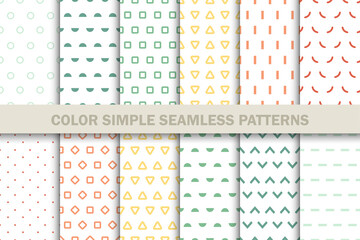 Collection of vector seamless simple patterns - colorful design. Bright geometric minimalistic backgrounds