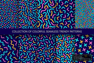 Collection of bright abstract seamless patterns. Colorful trendy backgrounds - mosaic textures. Retro fashion style 80 - 90s