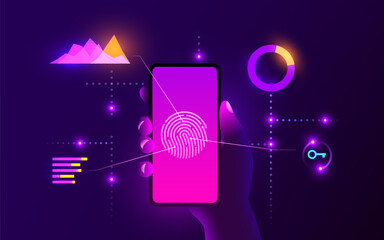 Mobile data security concept. Hand holding mobile smartphone with fingerprint scanner. Internet security. Fingerprint access, fingerprint on smartphone screen. Vector illustration