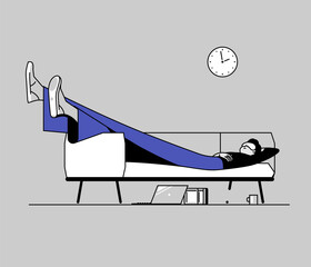Tired office worker sleeps at work. Vector line illustration