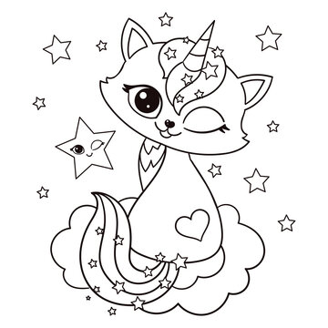 Cute cat unicorn. Black and white linear image. For the design of children's coloring books, prints, posts, stickers, postcards, etc. Vector