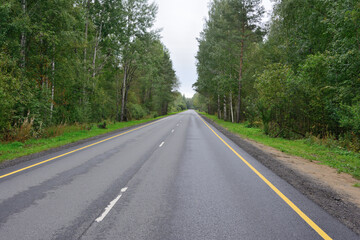 Fototapeta na wymiar A straight asphalt road with markings, going into the distance and a forest to the side