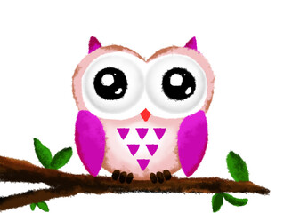 Drawing of cute owl on tree branch. Child art