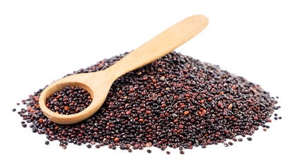 Heap of black quinoa with a spoon on a white background. Isolated
