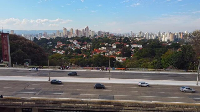 Aerial view over the suburban area of Sumare Bridge in Sao Paulo Brazil.