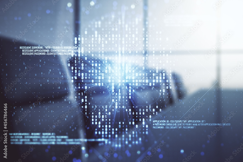 Poster abstract virtual code skull hologram on a modern coworking room background, cybercrime and hacking c