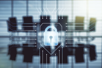 Virtual creative lock illustration with microcircuit on a modern coworking room background, cyber...