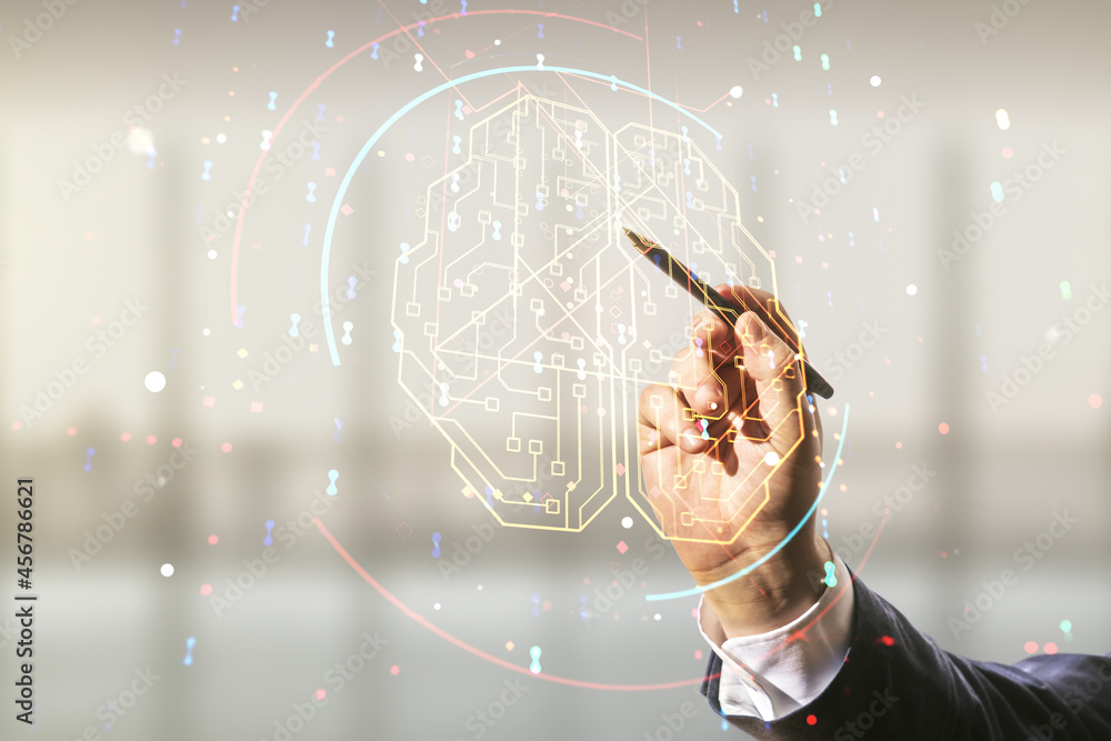 Poster double exposure of man hand with pen working with creative artificial intelligence interface on blur