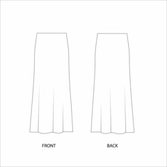 Skirt technical sketch, vector. Midi skirt template design. Lingerie style midi skirt. 