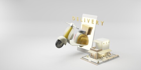 online delivery service Smartphones with delivery bikes and merchandise shops 3D illustration