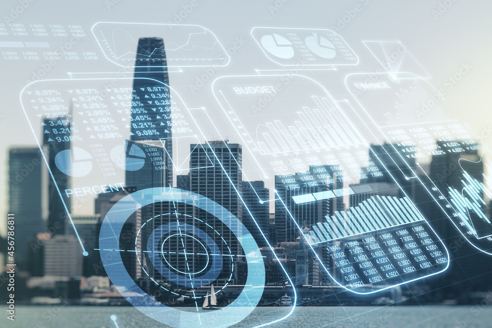 Poster multi exposure of abstract statistics data hologram interface on san francisco office buildings back