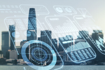 Multi exposure of abstract statistics data hologram interface on San Francisco office buildings...