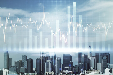 Fototapeta na wymiar Abstract virtual financial graph hologram on Los Angeles cityscape background, financial and trading concept. Multiexposure