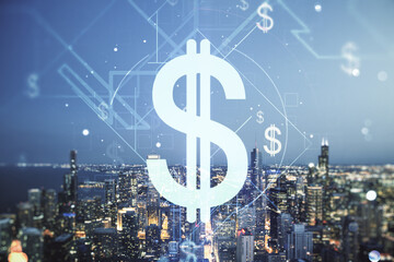 Double exposure of virtual USD symbols hologram on Chicago city skyscrapers background. Banking and investing concept