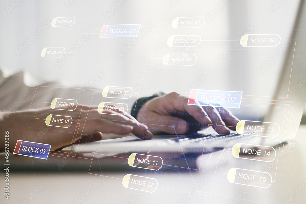 Poster double exposure of abstract programming language hologram with hands typing on laptop on background,