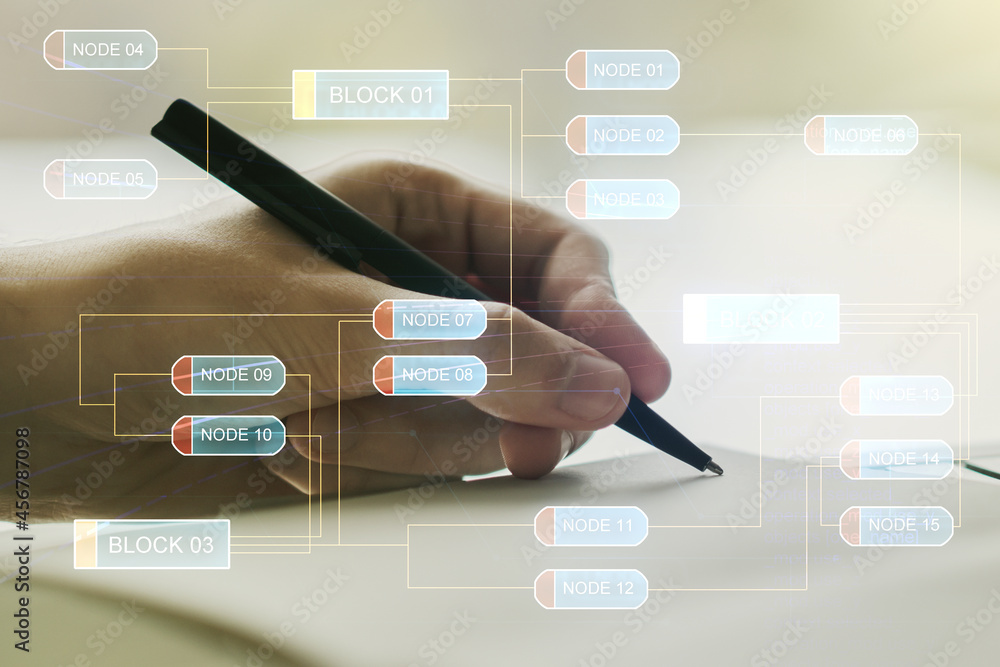 Poster double exposure of abstract creative programming illustration and man hand writing in notepad on bac