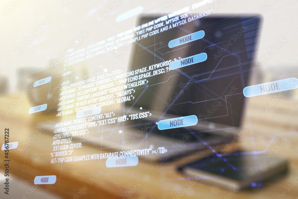 Poster double exposure of abstract programming language and modern desktop with laptop on background, resea
