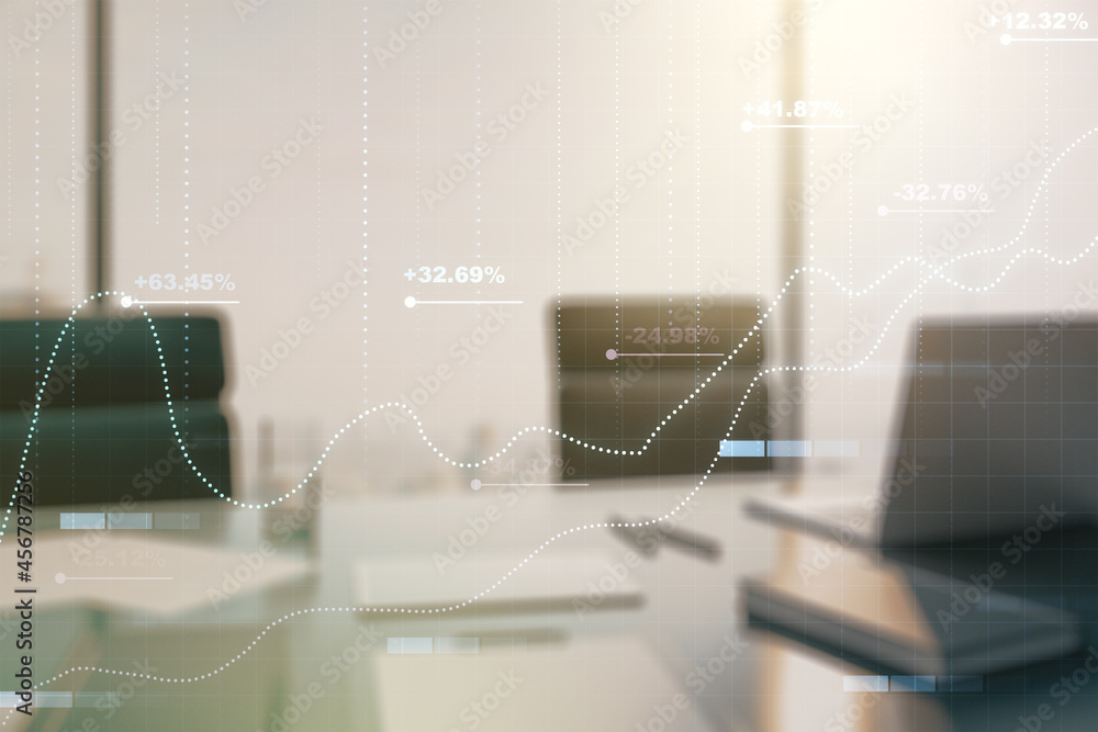 Poster double exposure of abstract creative statistics data hologram and modern desk with computer on backg