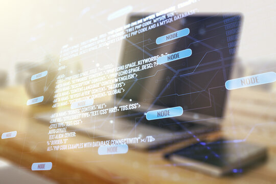 Double exposure of abstract programming language and modern desktop with laptop on background, research and development concept