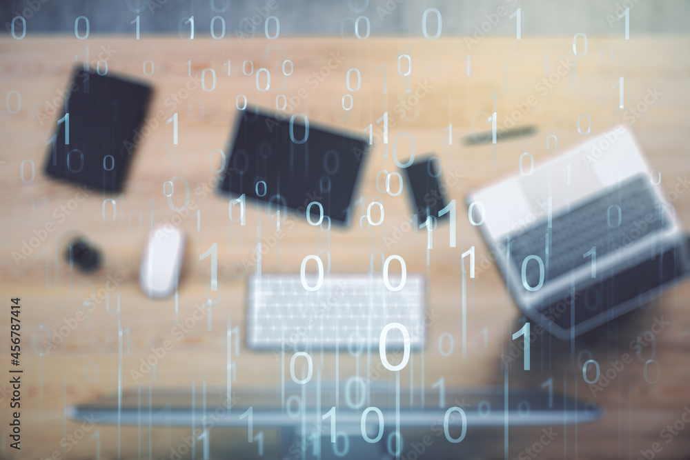 Poster creative concept of binary code illustration on modern laptop background. big data and coding concep