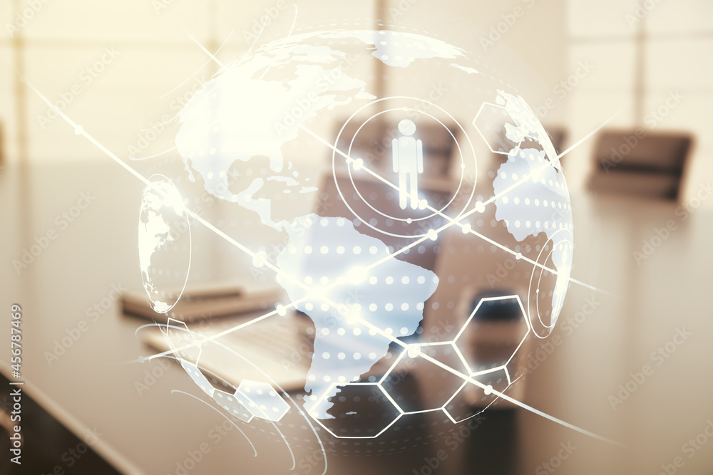 Poster social network media concept with world map and modern computer on background. double exposure
