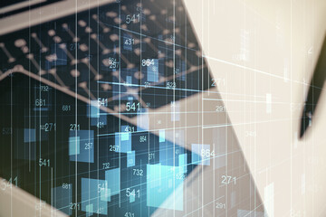 Multi exposure of abstract graphic data spreadsheet sketch on modern computer background, analytics and analysis concept