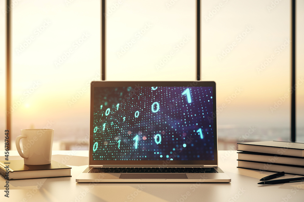 Poster creative abstract binary code sketch on modern laptop monitor, hacking and matrix concept. 3d render