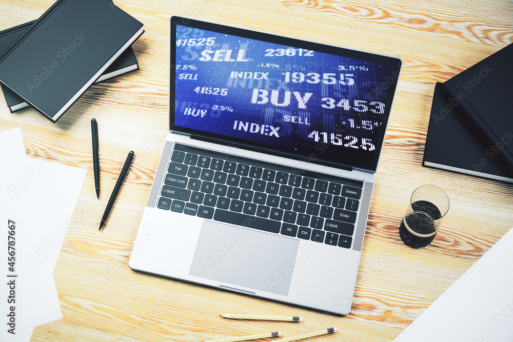 Poster modern computer display with abstract financial graph, financial and trading concept. 3d rendering