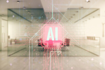 Double exposure of creative artificial Intelligence abbreviation hologram on a modern furnished office interior background. Future technology and AI concept