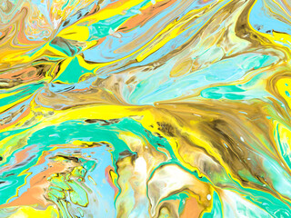Abstract creative hand painted background with yellow, green and blue colors, fluid art, marble texture, with copy space, acrylic painting on canvas.