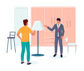 Shop assistant helping shopper to choose lamp for bedroom interior, vector illustration. Furniture store retail business