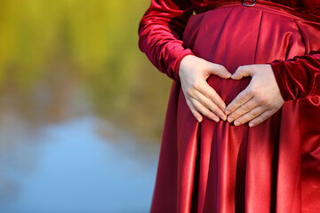 Fototapeta na wymiar Banner with female hands in the form of a heart on the background of the belly - a symbol of love for the unborn child. Pregnant woman. Maternity concept.
