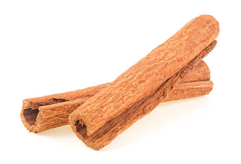 Two aromatic cinnamon sticks isolated on a white background. Several cinnamon sticks.